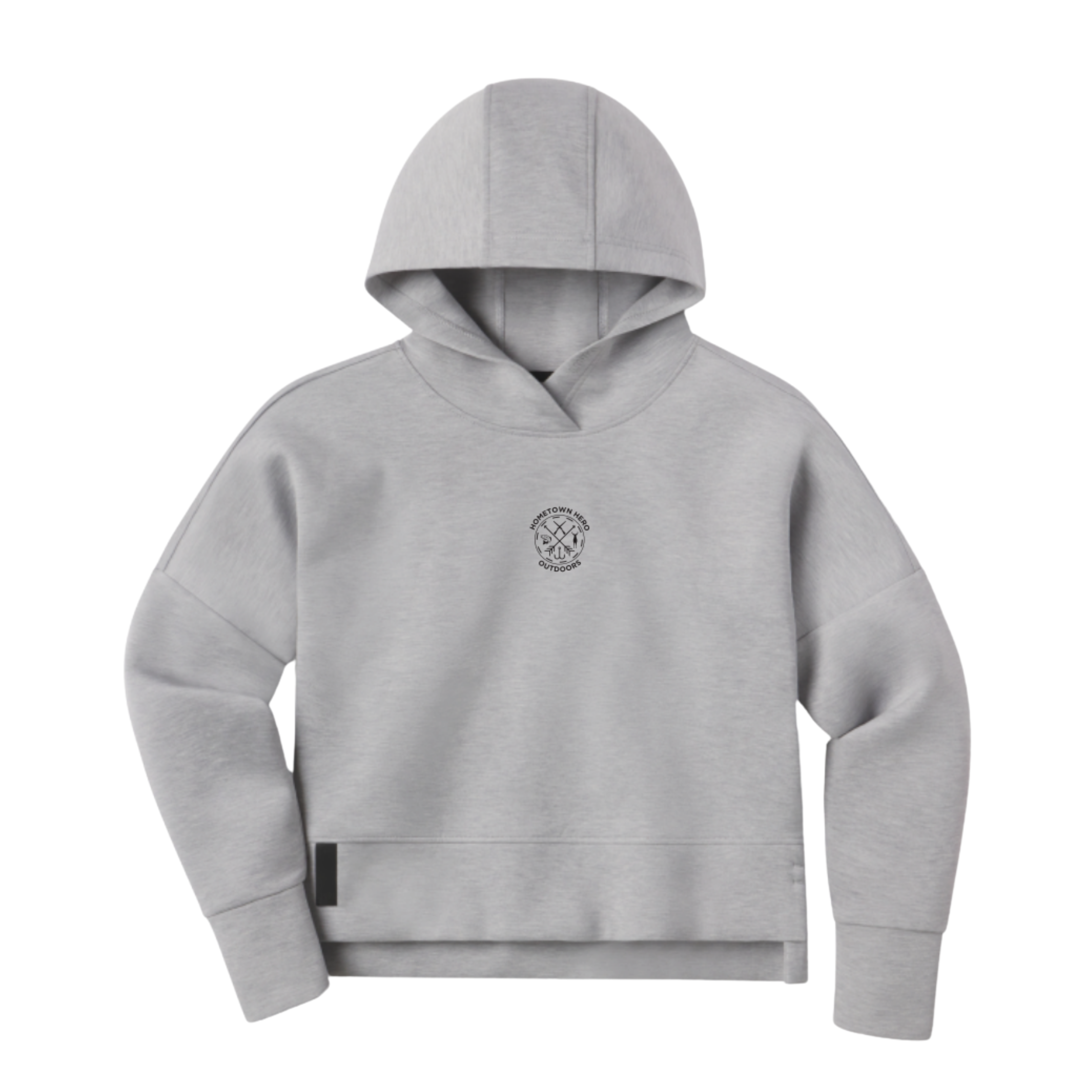Front view of the UNRL x HHO LuxBreak Hoodie in heather gray with chest badge