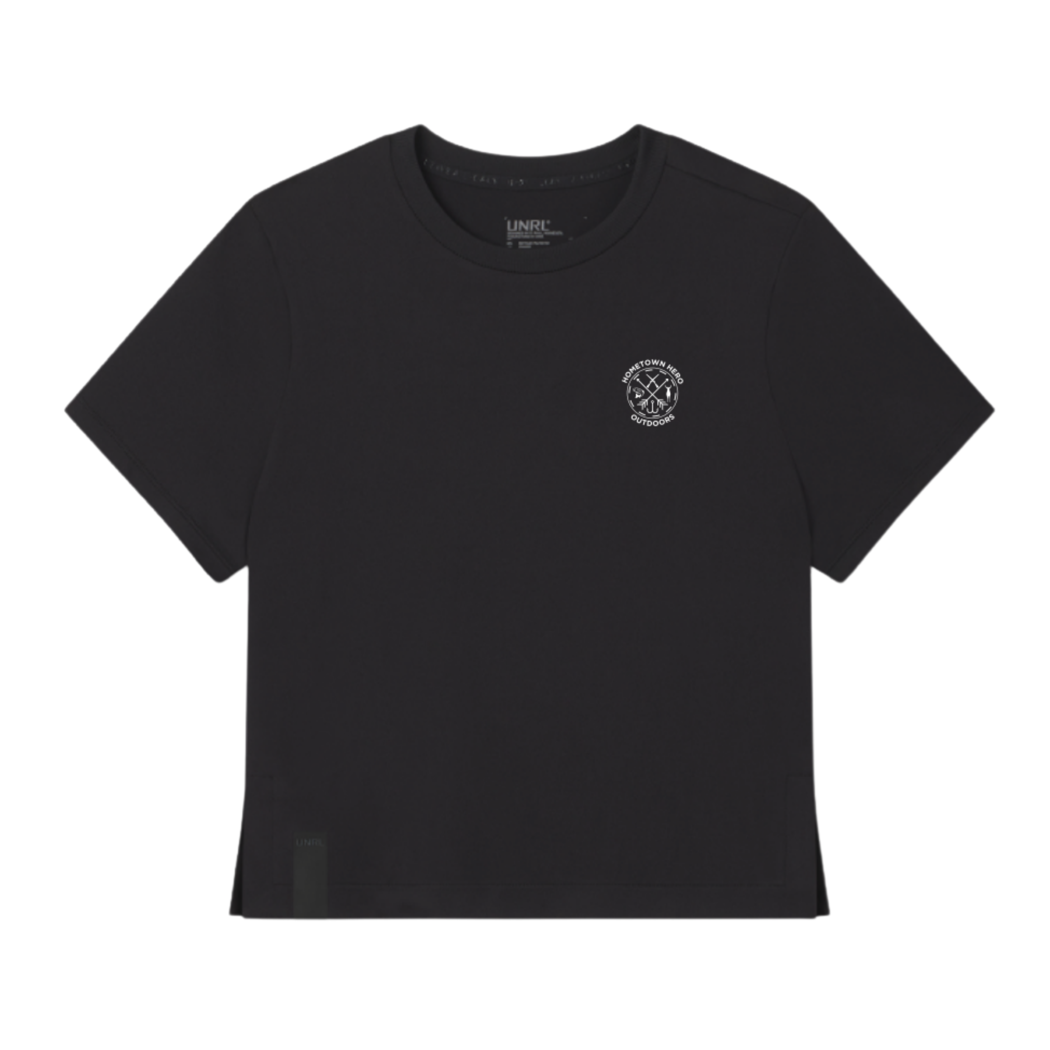 Black UNRL boxy tee with Hometown Hero Outdoors logo on front